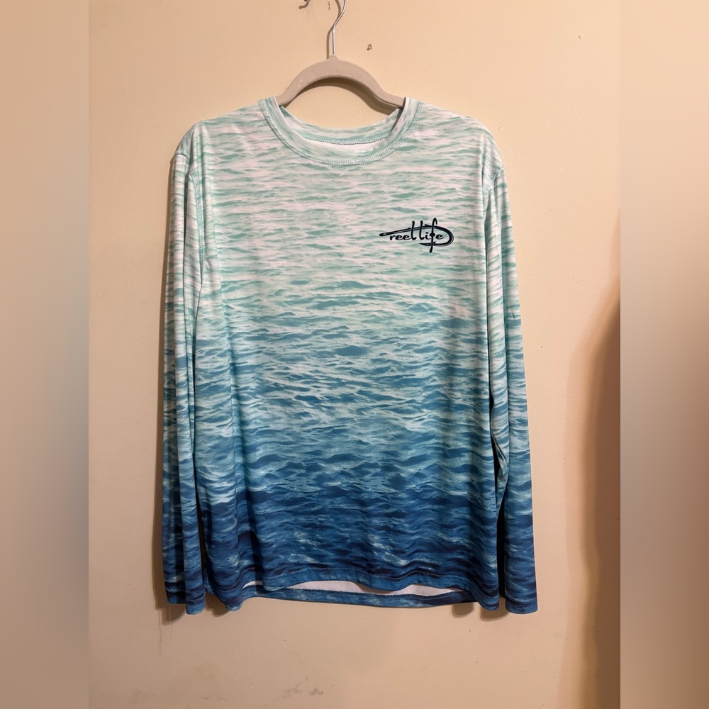 Reel Life‎ Shirt Mens Large Blue Green Ocean Waves UV sun defender lightweight - Picture 2 of 8